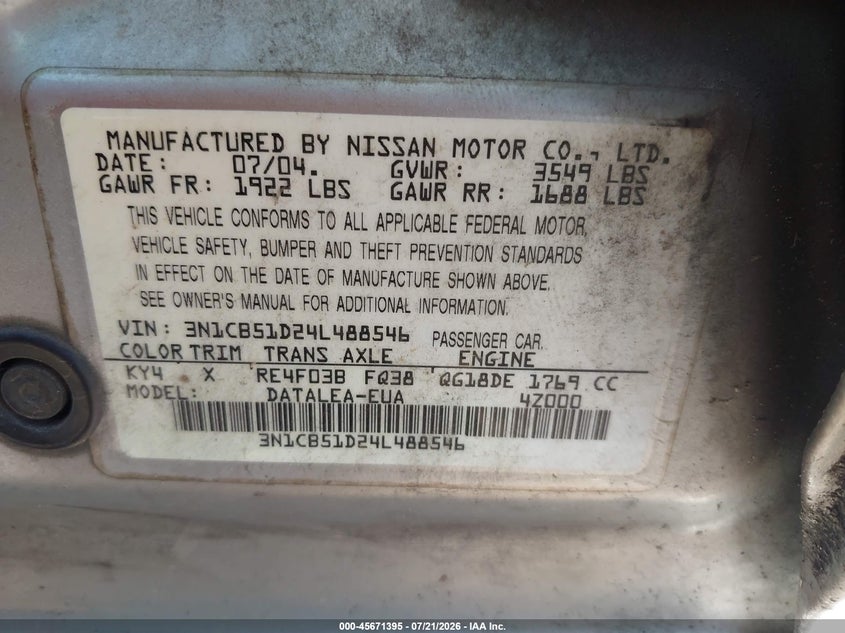 2004 Nissan Sentra 1.8S VIN: 3N1CB51D24L488546 Lot: 45671395