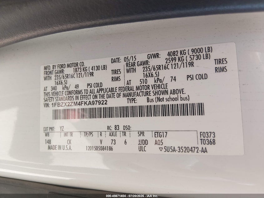 2015 Ford Transit-350 Xlt VIN: 1FBZX2ZM4FKA97922 Lot: 45671404