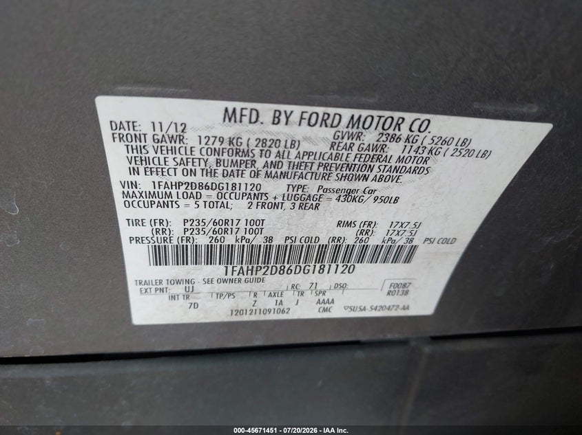 2013 Ford Taurus Se VIN: 1FAHP2D86DG181120 Lot: 45671451