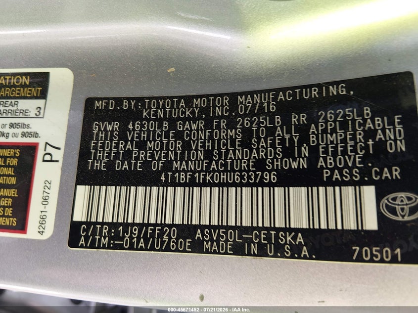 2017 Toyota Camry Se VIN: 4T1BF1FK0HU633796 Lot: 45671452