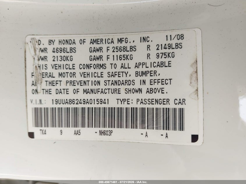 2009 Acura Tl 3.5 VIN: 19UUA86249A015941 Lot: 45671461