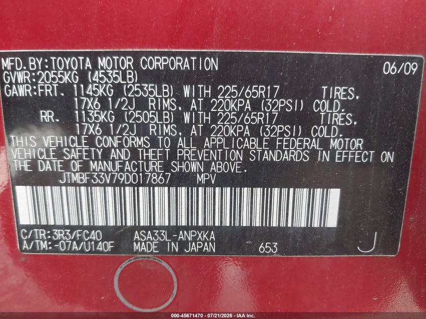 2009 Toyota Rav4 VIN: JTMBF33V79D017867 Lot: 45671470
