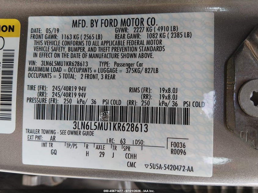 2019 Lincoln Mkz Hybrid Reserve Ii VIN: 3LN6L5MU1KR628613 Lot: 45671477