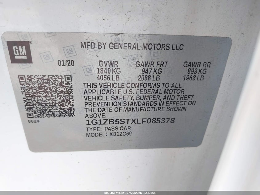 2020 Chevrolet Malibu Fwd Ls VIN: 1G1ZB5STXLF085378 Lot: 45671482