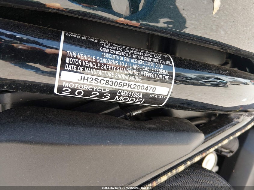 2023 Honda Cmx1100 A VIN: JH2SC8305PK200470 Lot: 45671489