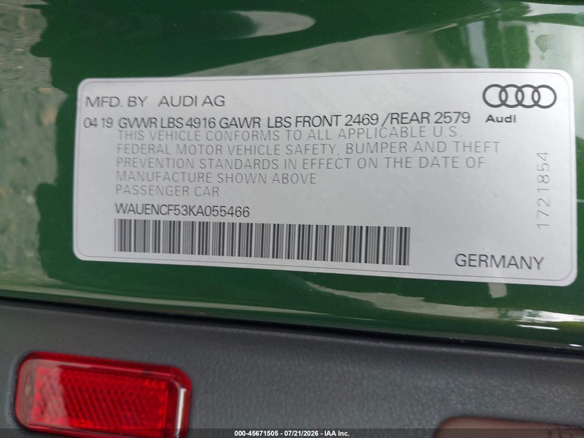 2019 Audi A5 45 Premium VIN: WAUENCF53KA055466 Lot: 45671505