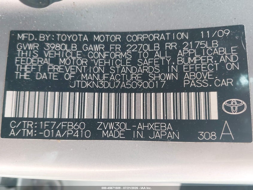2010 Toyota Prius Ii VIN: JTDKN3DU7A5090017 Lot: 45671509