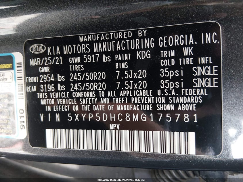2021 Kia Telluride Sx VIN: 5XYP5DHC8MG175781 Lot: 45671526