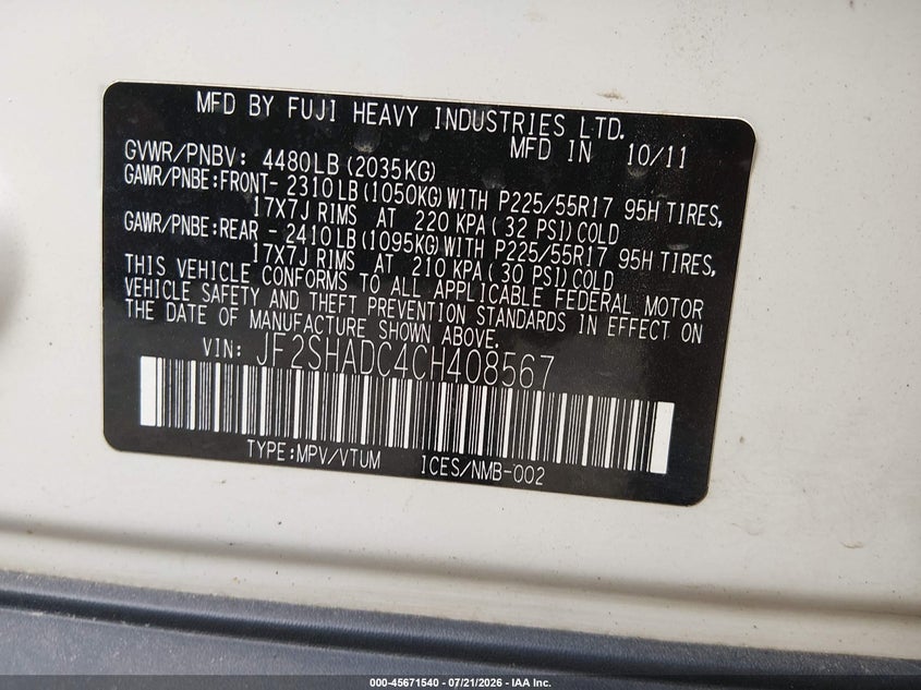 2012 SUBARU FORESTER SPORT UTILITY VEHICLE 2.5L H-4 DOHC, VVT, 170HP