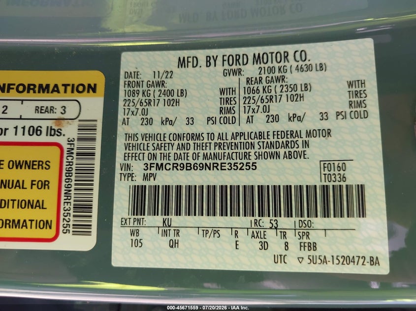 2022 Ford Bronco Sport Big Bend VIN: 3FMCR9B69NRE35255 Lot: 45671559