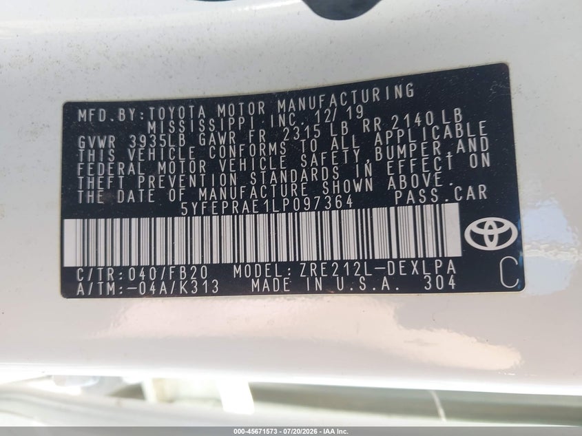 2020 Toyota Corolla Le VIN: 5YFEPRAE1LP097364 Lot: 45671573