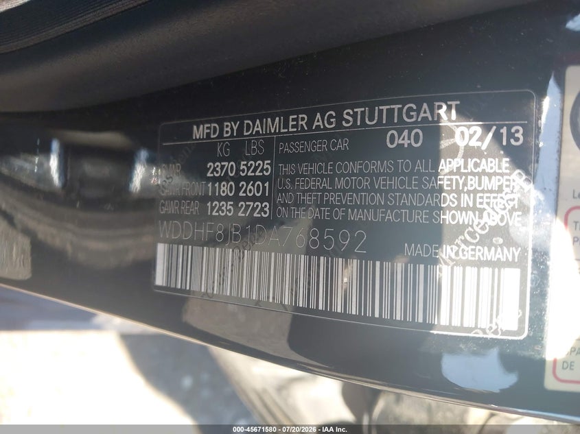 2013 Mercedes-Benz E 350 4Matic VIN: WDDHF8JB1DA768592 Lot: 45671580