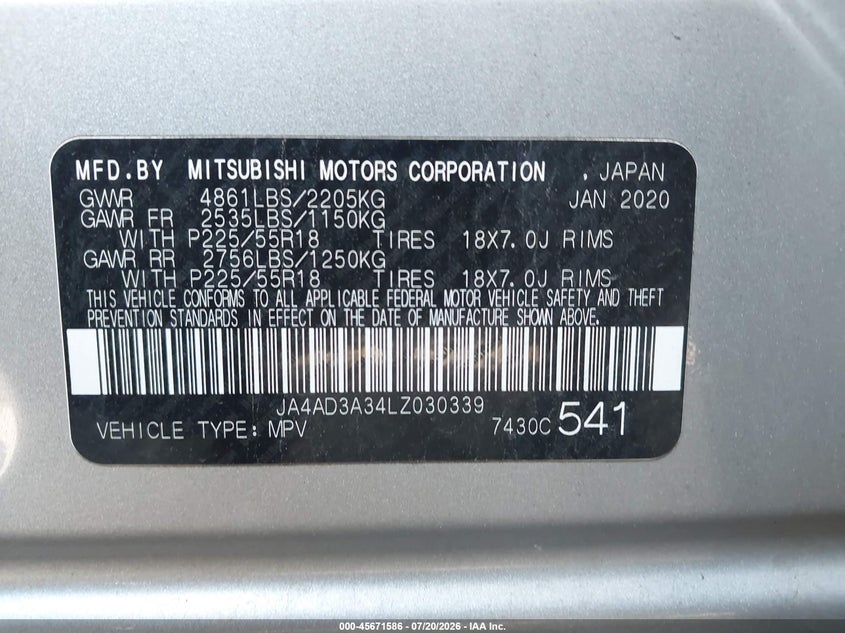 2020 Mitsubishi Outlander Le 2.4/Se 2.4/Sel 2.4/Sp 2.4 VIN: JA4AD3A34LZ030339 Lot: 45671586