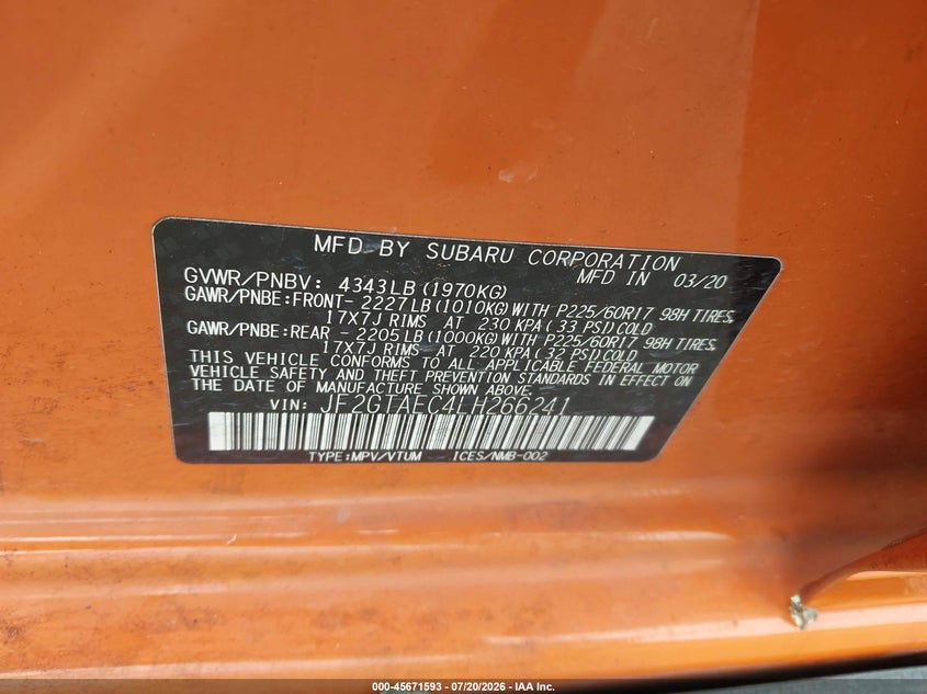 2020 Subaru Crosstrek Premium VIN: JF2GTAEC4LH266241 Lot: 45671593
