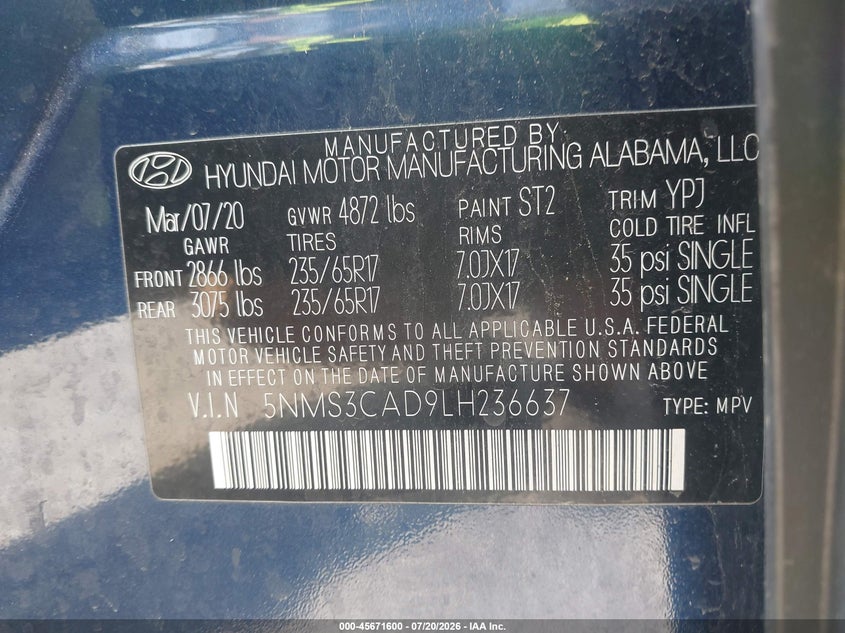 2020 Hyundai Santa Fe Sel VIN: 5NMS3CAD9LH236637 Lot: 45671600