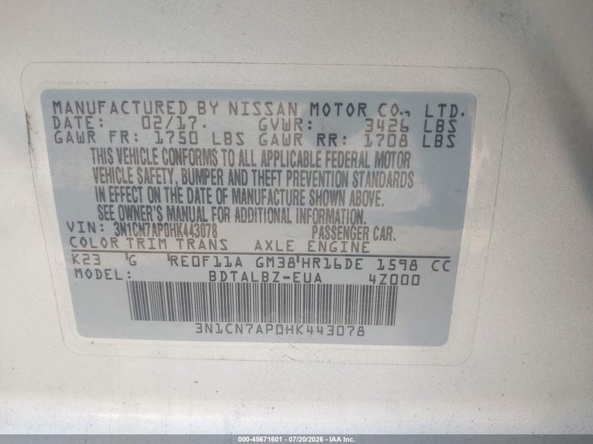 2017 Nissan Versa 1.6 Sv VIN: 3N1CN7AP0HK443078 Lot: 45671601