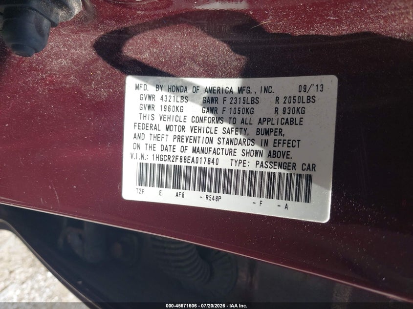 2014 Honda Accord Ex-L VIN: 1HGCR2F88EA017840 Lot: 45671606