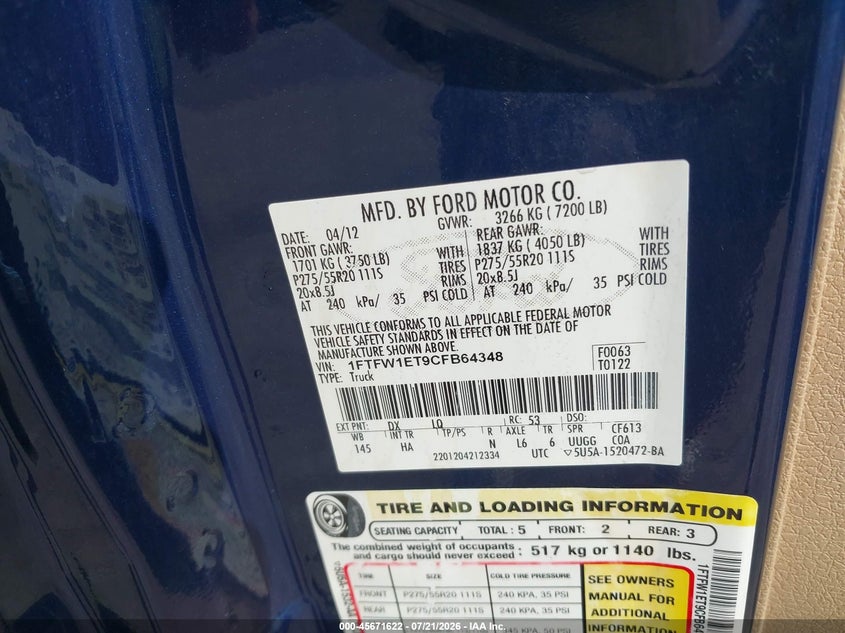 2012 Ford F-150 Lariat VIN: 1FTFW1ET9CFB64348 Lot: 45671622