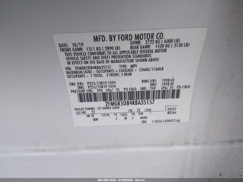 2019 Ford Flex Limited VIN: 2FMGK5D84KBA35157 Lot: 45671625