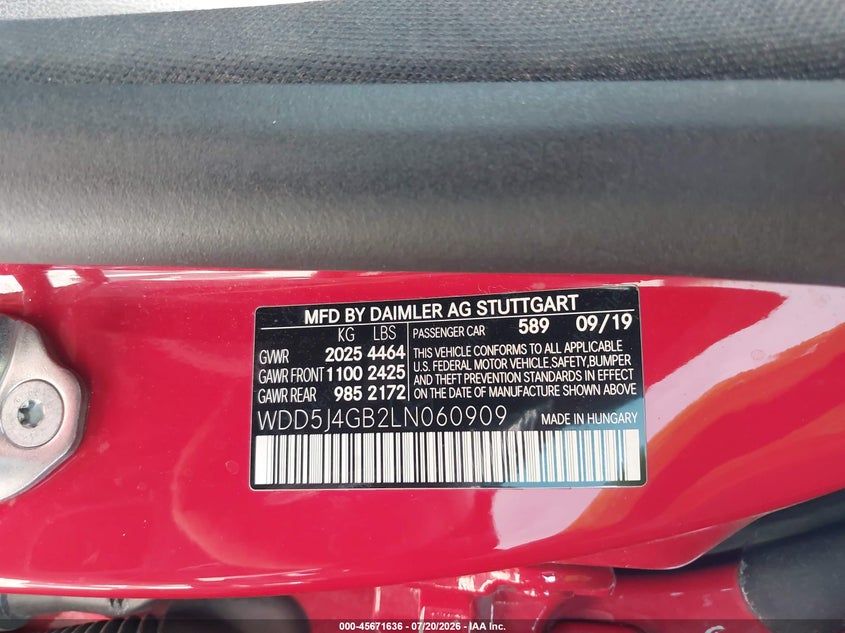2020 Mercedes-Benz Cla 250 VIN: WDD5J4GB2LN060909 Lot: 45671636