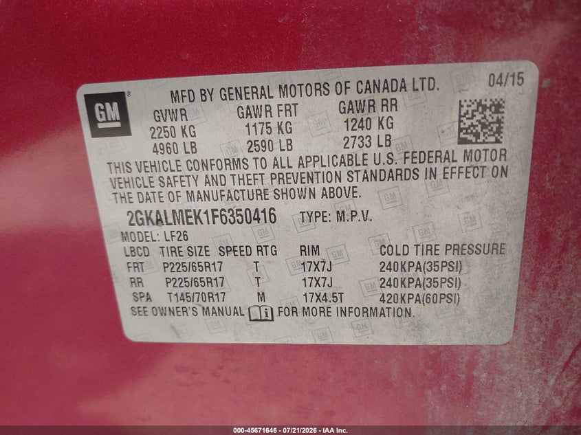 2015 GMC Terrain Sle-1 VIN: 2GKALMEK1F6350416 Lot: 45671646