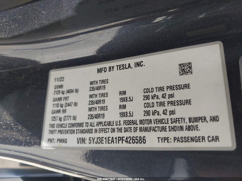 2023 Tesla Model 3 Rear-Wheel Drive VIN: 5YJ3E1EA6PF429225 Lot: 45671647