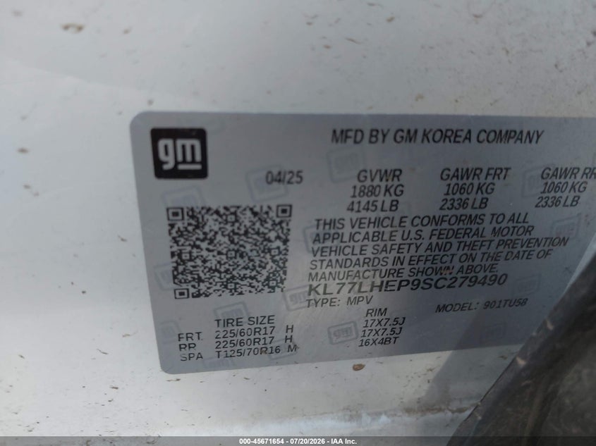 2025 Chevrolet Trax Fwd Lt VIN: KL77LHEP9SC279490 Lot: 45671654