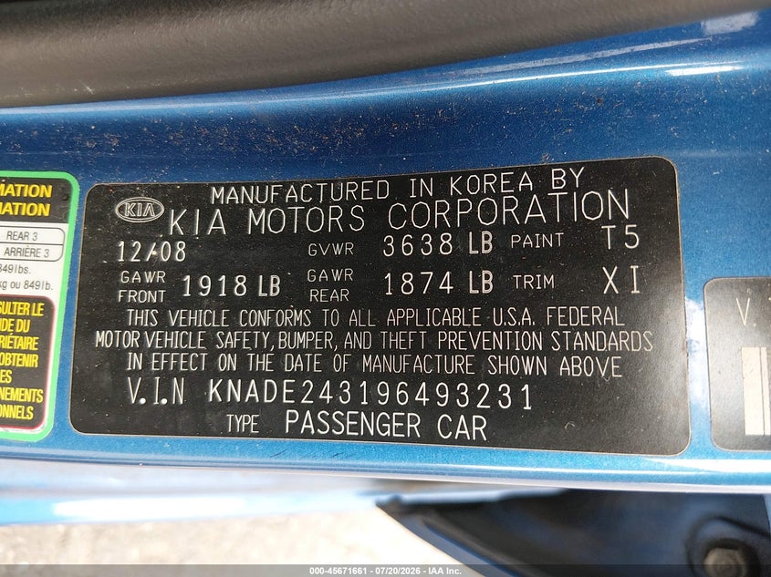 2009 Kia Rio5 Lx VIN: KNADE243196493231 Lot: 45671661