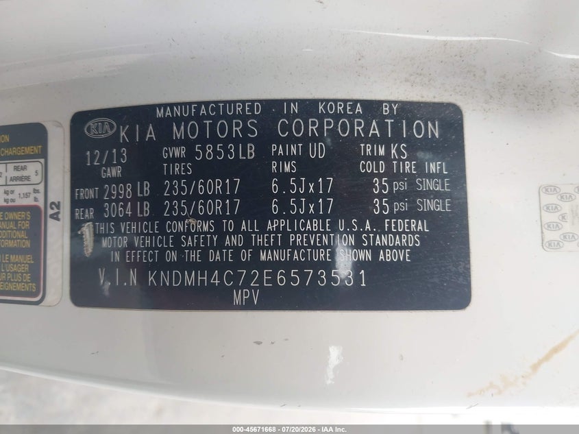 2014 Kia Sedona Ex VIN: KNDMH4C72E6573531 Lot: 45671668