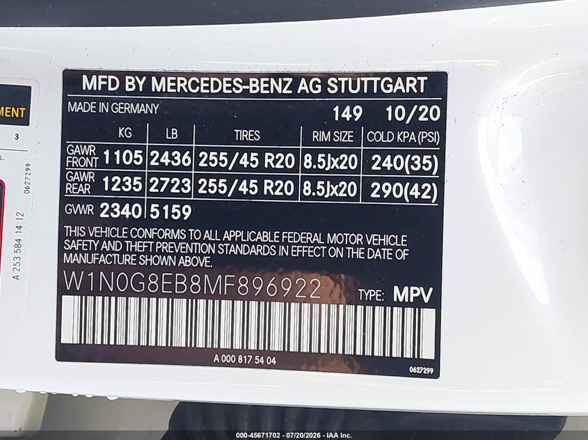 2021 Mercedes-Benz Glc 300 4Matic Suv VIN: W1N0G8EB8MF896922 Lot: 45671702