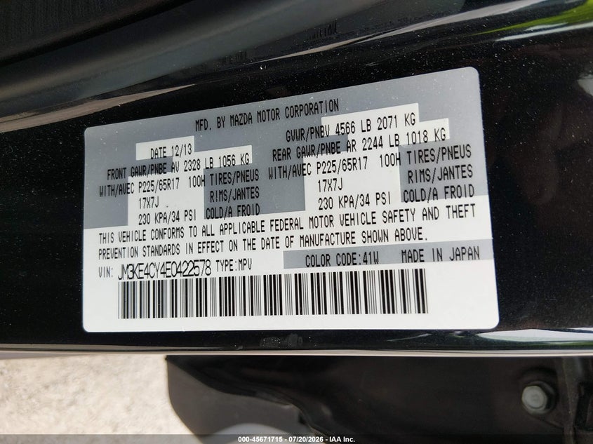 2014 Mazda Cx-5 Touring VIN: JM3KE4CY4E0422578 Lot: 45671715