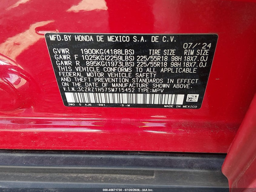 2025 Honda Hr-V 2Wd Sport VIN: 3CZRZ1H57SM715452 Lot: 45671730