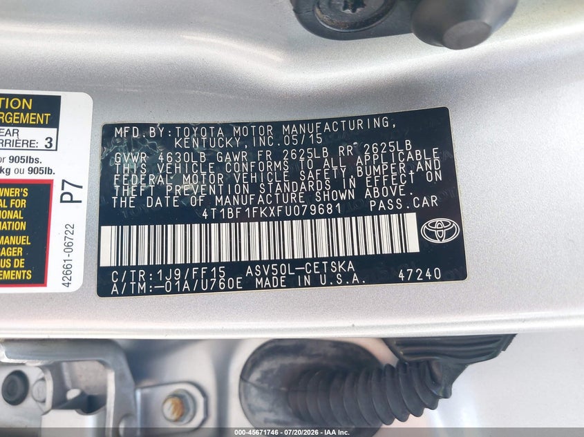 2015 Toyota Camry Se VIN: 4T1BF1FKXFU079681 Lot: 45671746