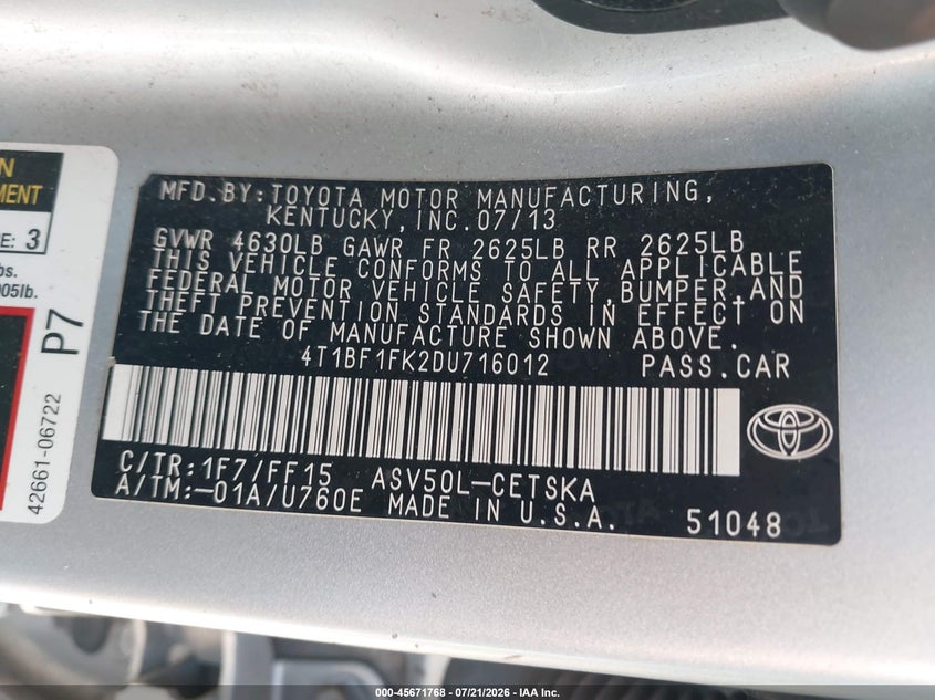 2013 Toyota Camry Se VIN: 4T1BF1FK2DU716012 Lot: 45671768
