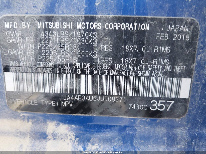 MITSUBISHI OUTLANDER SPORT 2018 VIN JA4AR3AU5JU008371