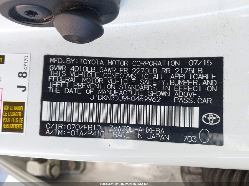 2015 Toyota Prius Two VIN: JTDKN3DU9F0469962 Lot: 45671801