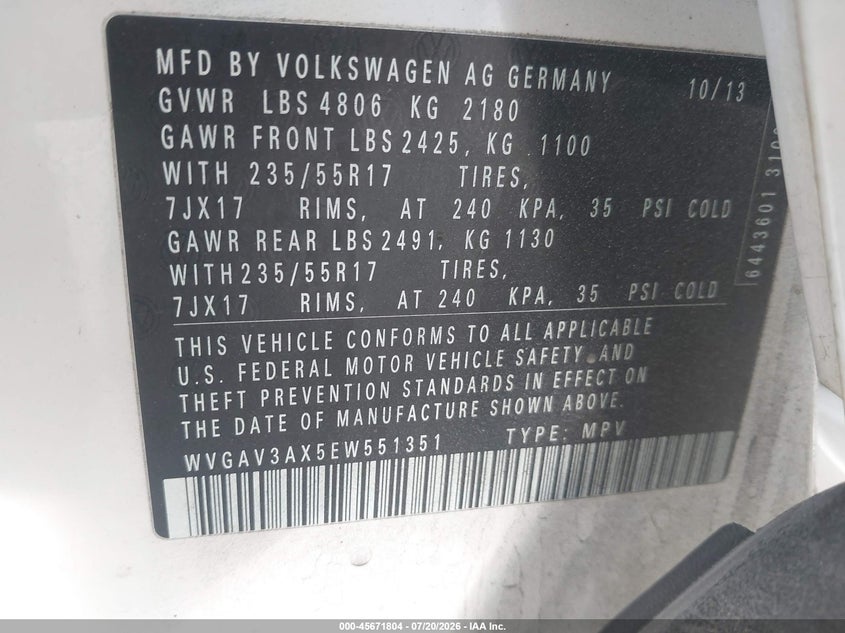 2014 Volkswagen Tiguan Se VIN: WVGAV3AX5EW551351 Lot: 45671804