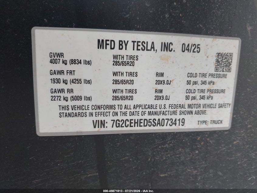 2025 Tesla Cybertruck All-Wheel Drive VIN: 7G2CEHED5SA073419 Lot: 45671813