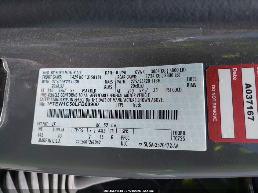 2020 Ford F-150 Xl VIN: 1FTEW1C50LFB08900 Lot: 45671818