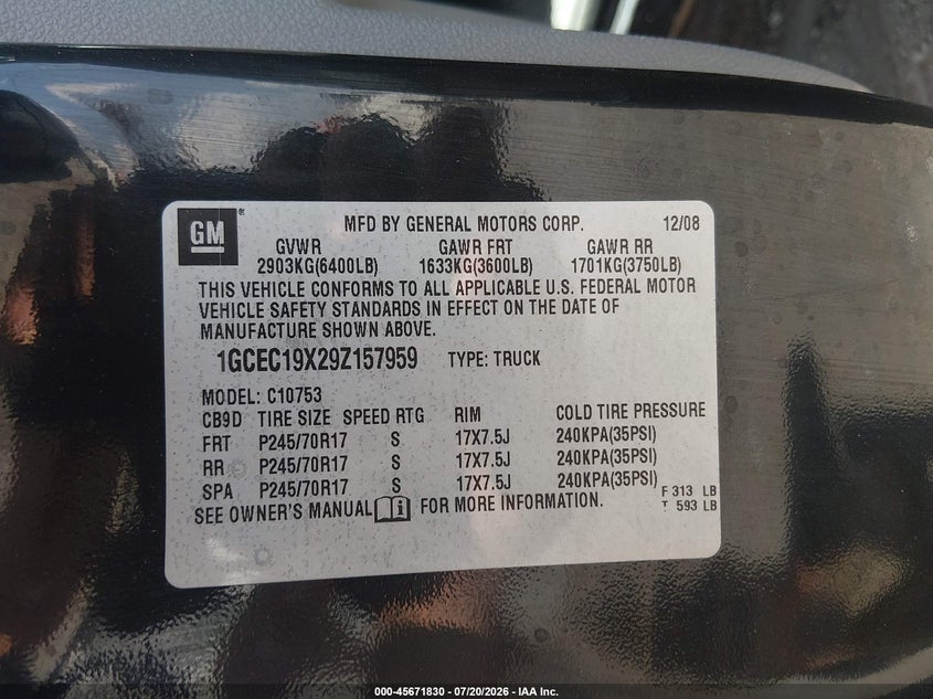 2009 Chevrolet Silverado 1500 Work Truck VIN: 1GCEC19X29Z157959 Lot: 45671830