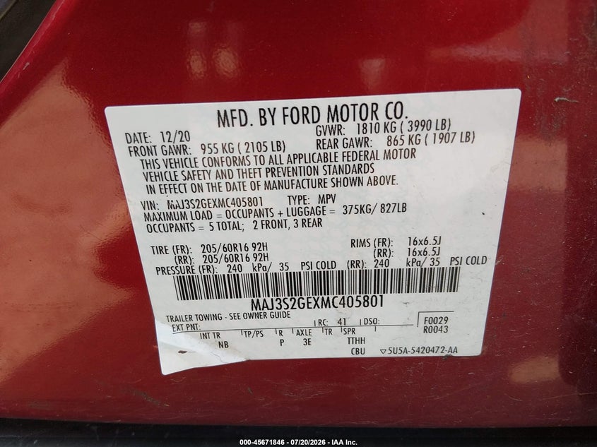2021 Ford Ecosport Se VIN: MAJ3S2GEXMC405801 Lot: 45671846