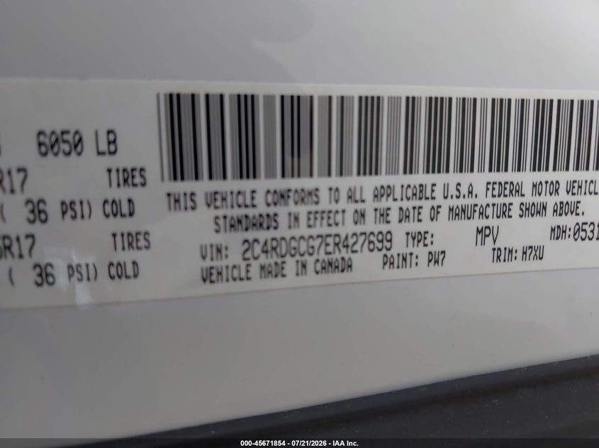 2014 Dodge Grand Caravan Sxt VIN: 2C4RDGCG7ER427699 Lot: 45671854
