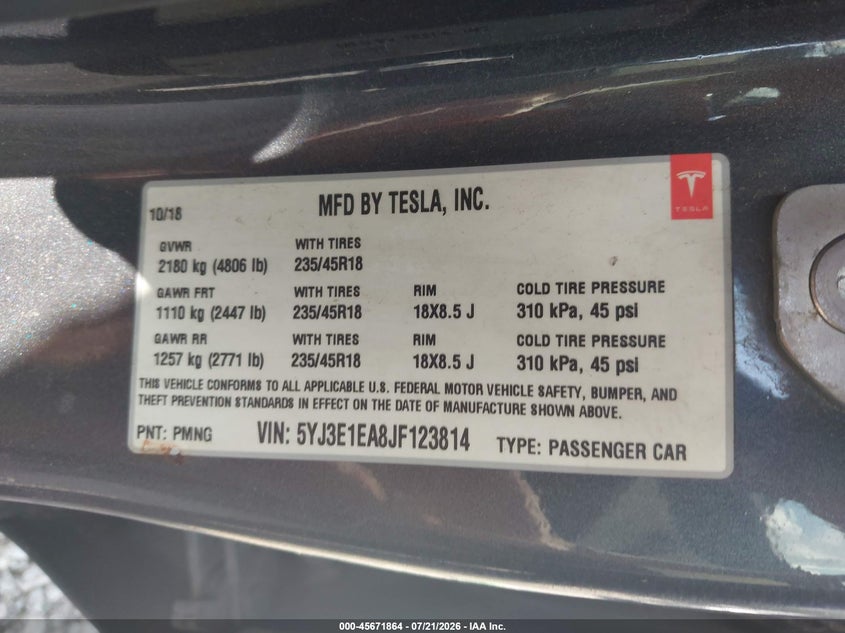 2018 Tesla Model 3 Long Range/Mid Range VIN: 5YJ3E1EA8JF123814 Lot: 45671864