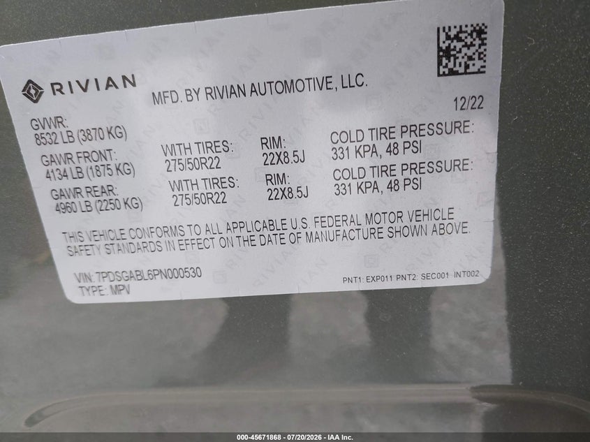 2023 Rivian R1S Launch Edition VIN: 7PDSGABL6PN000530 Lot: 45671868