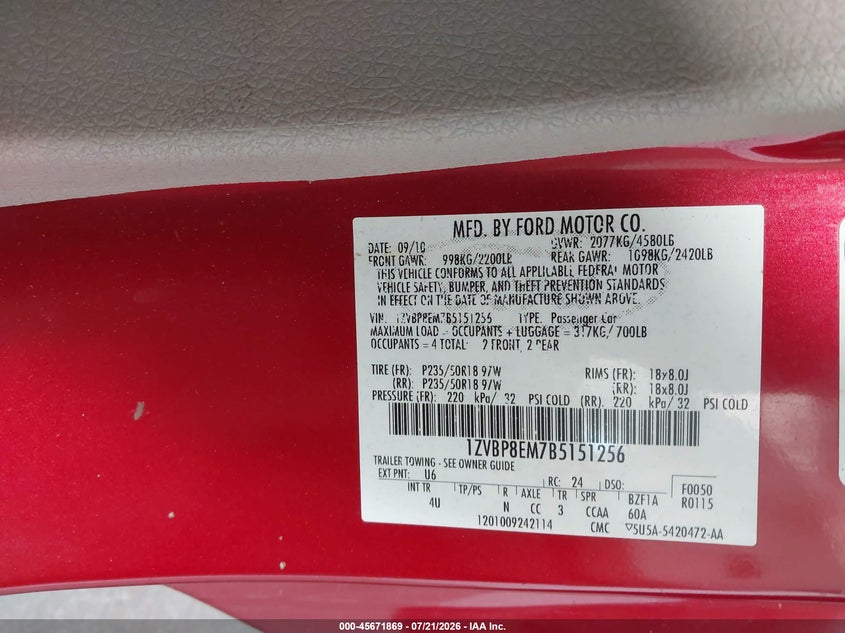 2011 Ford Mustang V6 Premium VIN: 1ZVBP8EM7B5151256 Lot: 45671869