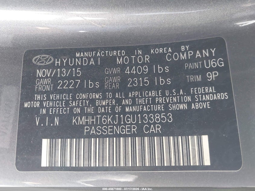 2016 Hyundai Genesis VIN: KMHHT6KJ1GU133853 Lot: 45671880