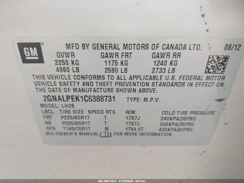 2012 Chevrolet Equinox Lt W/2Lt VIN: 2GNALPEK1C6388731 Lot: 45671913