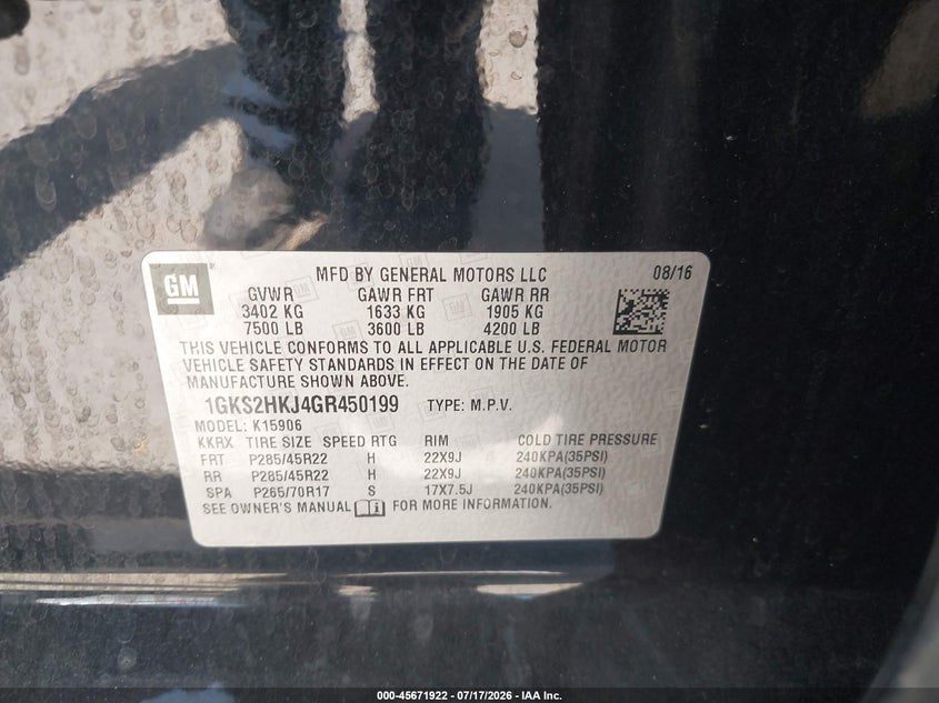 2016 GMC Yukon Xl Denali VIN: 1GKS2HKJ4GR450199 Lot: 45671922