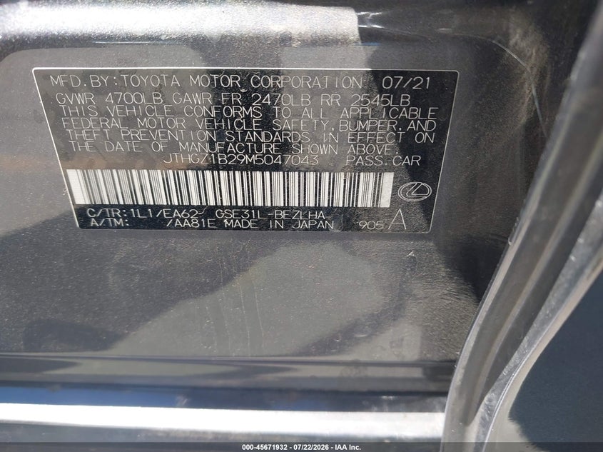 2021 LEXUS IS SEDAN 3.5L V-6 DI, DOHC, VVT, 311HP