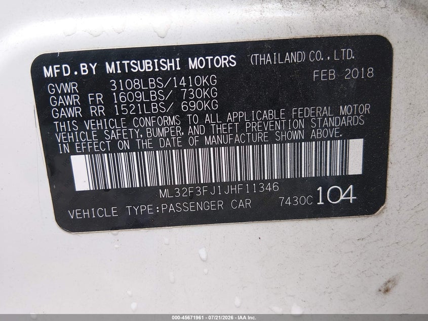 2018 Mitsubishi Mirage G4 Es VIN: ML32F3FJ1JHF11346 Lot: 45671961